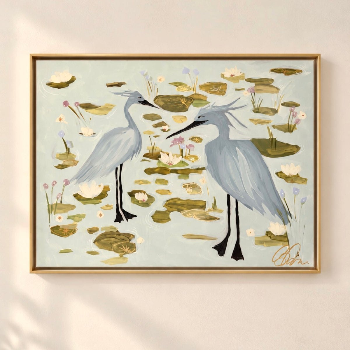 “Heron Play” 40x30 framed in gold floating frame