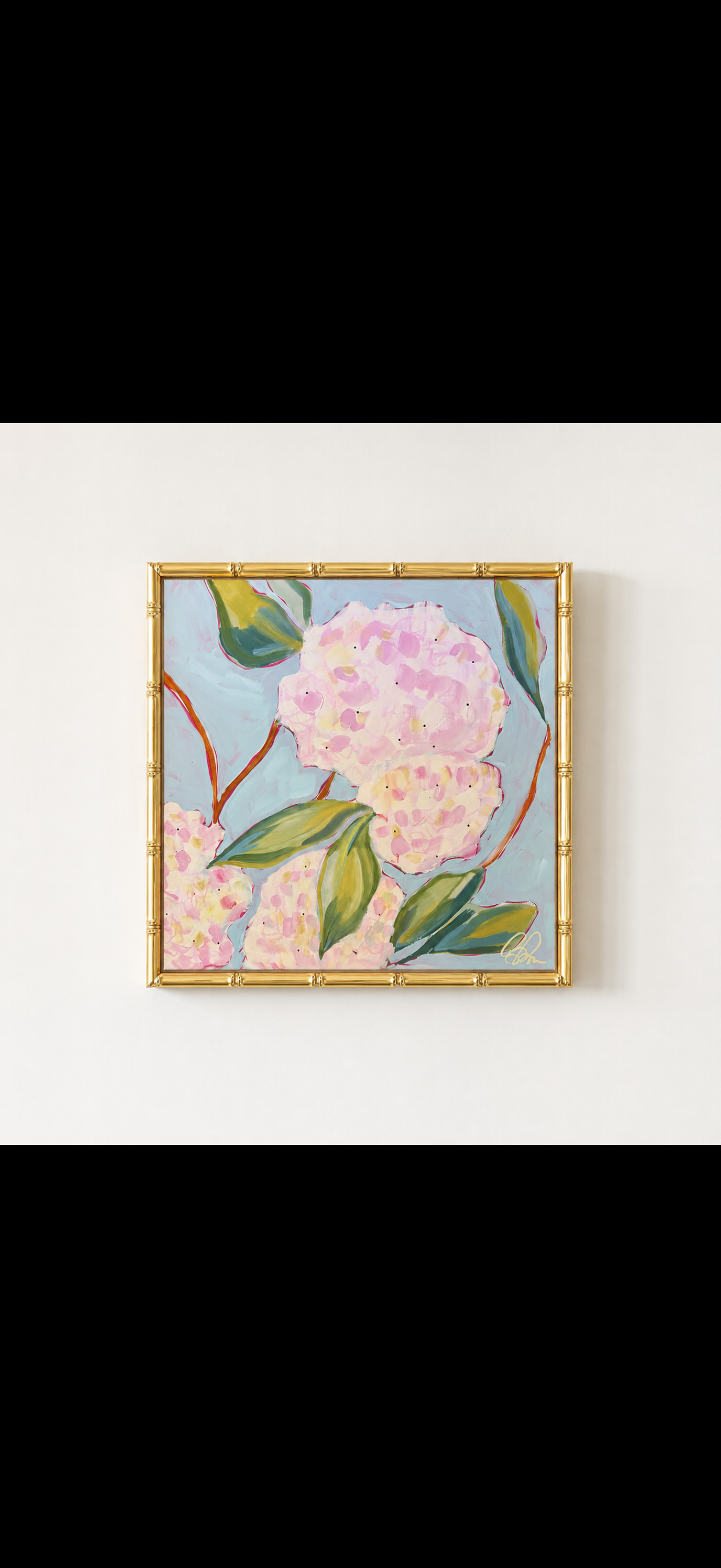 Hallie’s Hydrangeas 20x20 framed in gold bamboo